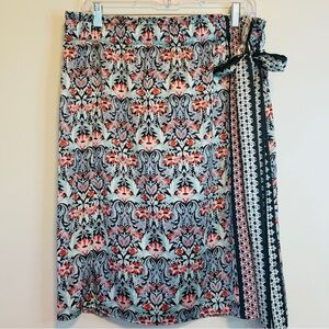 LOFT Black, Coral & Light Blue Printed Wrap Skirt